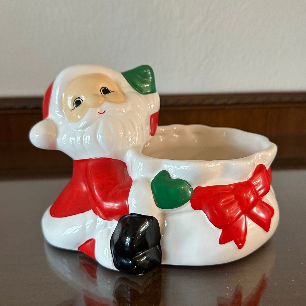 Vintage Ceramic Santa Claus Planter Candy Dish Christmas Holiday Decor Red White